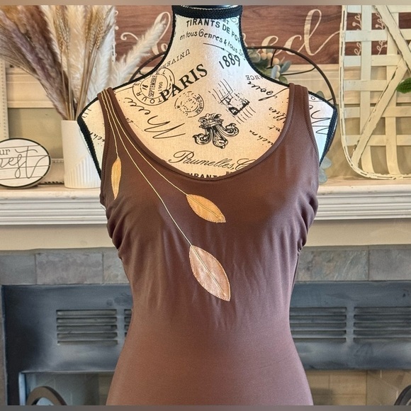 Deweese Vintage 60s Pinup Swimsuit Buttons Embroidered Shiny Brown Gold Leaves - Picture 1 of 13